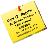 Carl O. Rojahn    Garderåsen Terrasse 11900 Fetsund NORWAYTel: +47 930 40 579carl(a)digitalartist.no